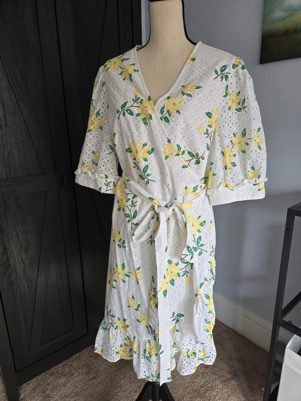 Draper James White Yellow Floral Knee-Length Eyelet Wrap Dress Rare Plus Size 20